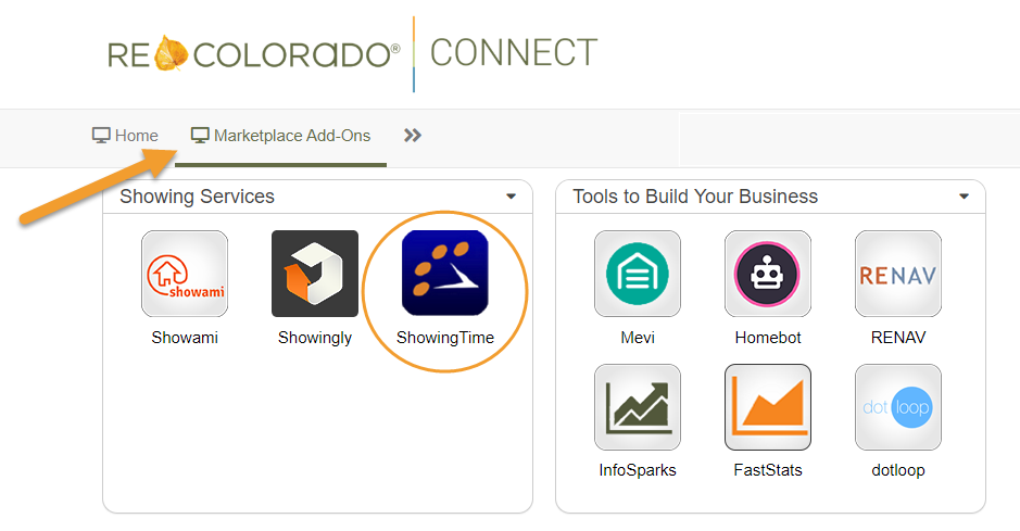 REcolorado Connect dashboard ShowingTime Marketplace