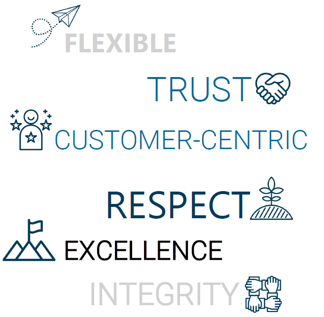Flexible, Trust, Customer-Centric, Respect, Excellence, Integrity