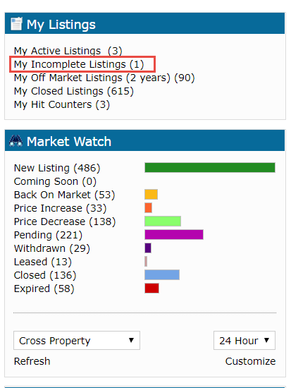 Incomplete Listings Matrix Home Tab