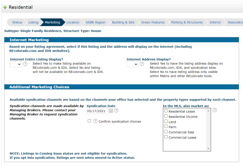 REcolorado matrix listing input marketing privacy options